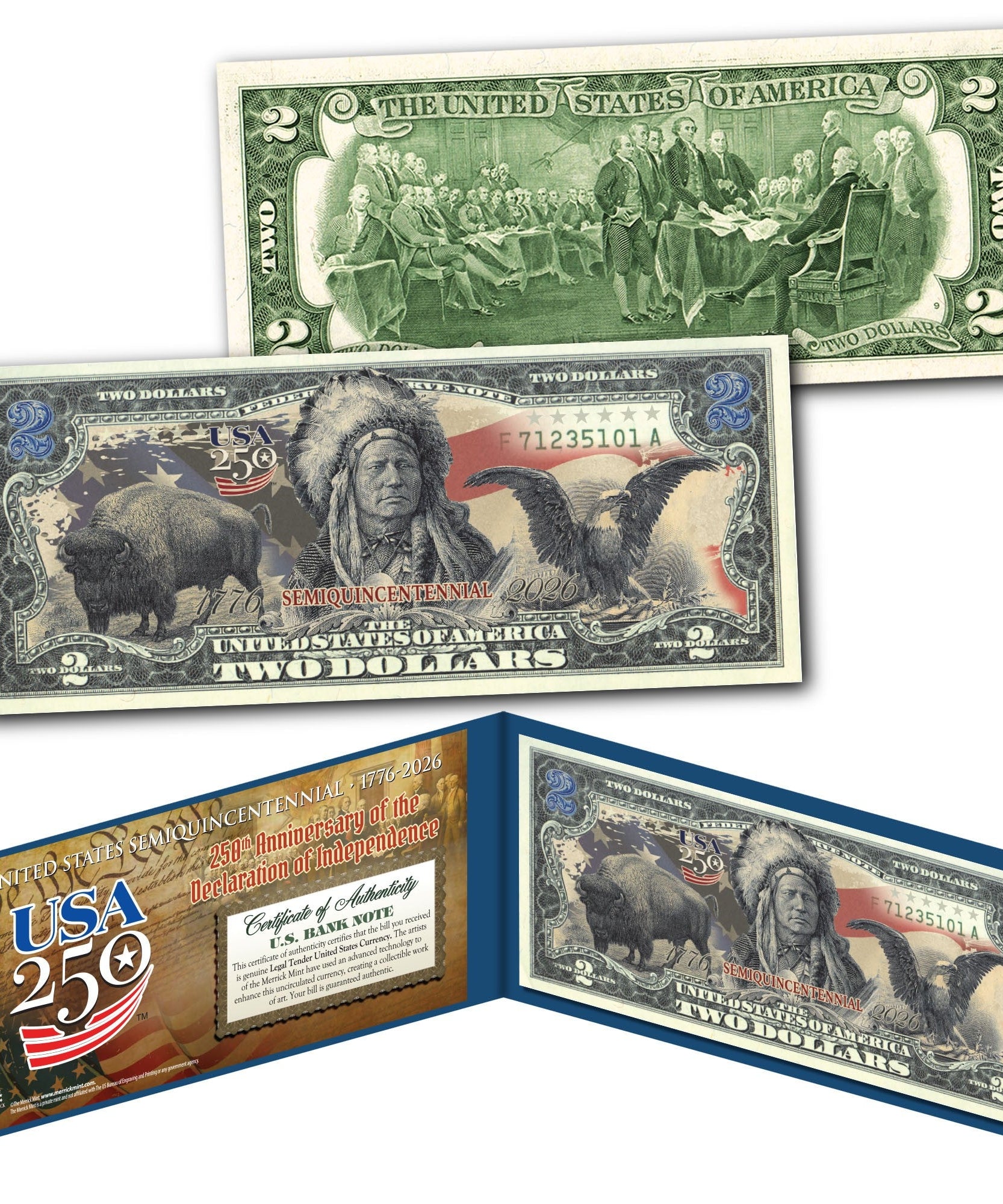 250-Jahre-2-Dollar-Schein – Schwarzer Adler, Indianerhäuptling & Bison