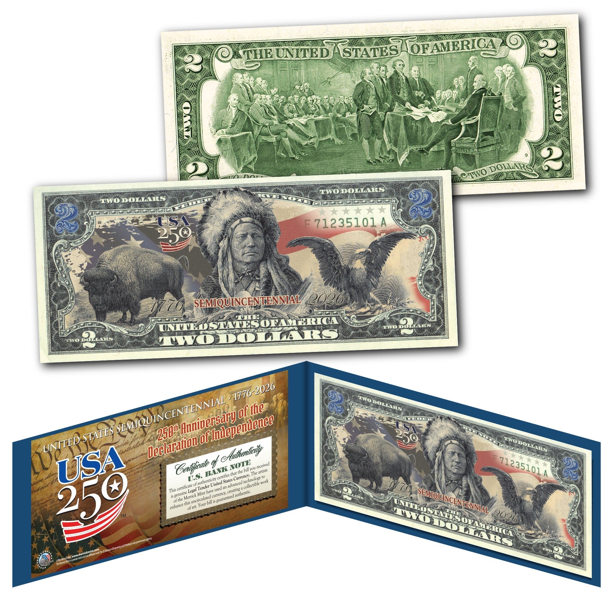 250-Jahre-2-Dollar-Schein – Schwarzer Adler, Indianerhäuptling & Bison