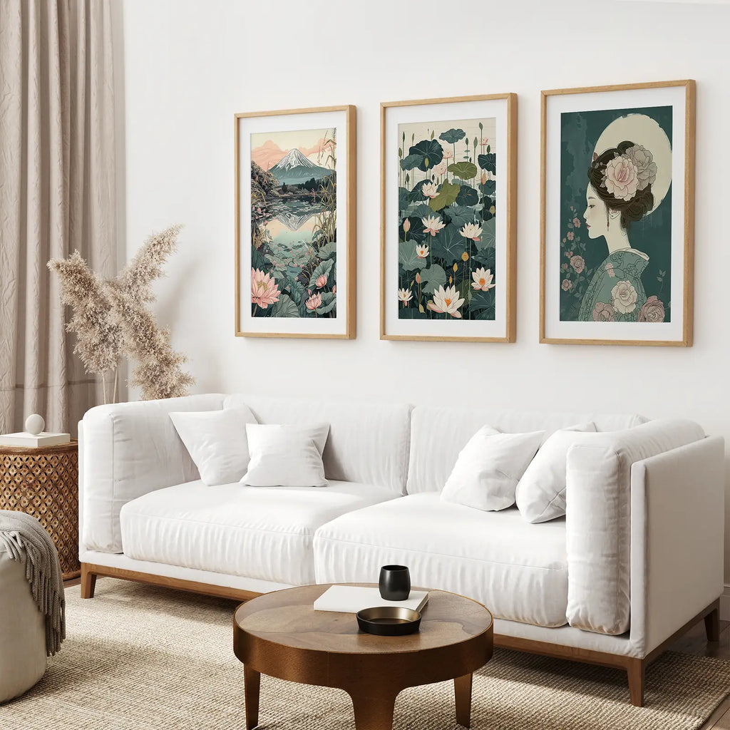 Japanese Nature Wall Art Set. Geisha Poster, Fuji Mountain