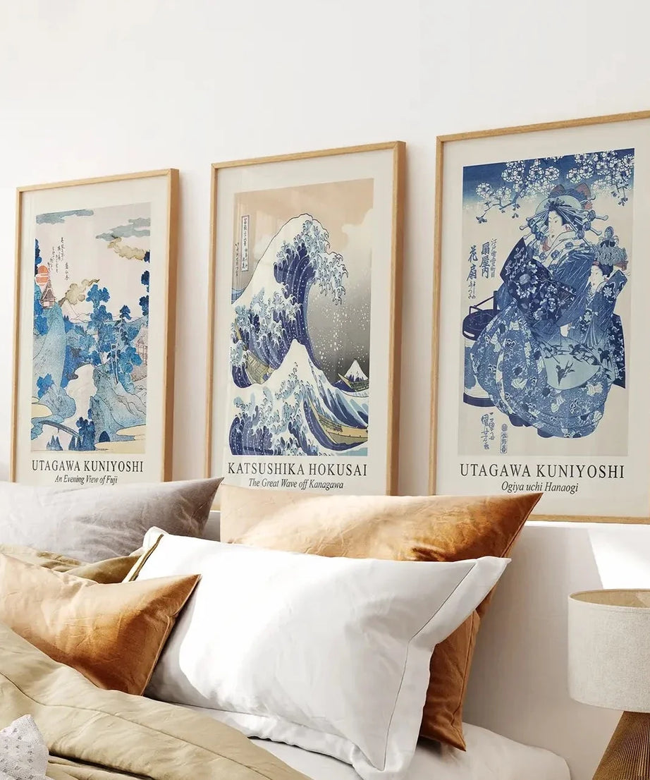 Japanese Woodblock Print Set of 3 | Hokusai Great Wave & Kuniyoshi Art