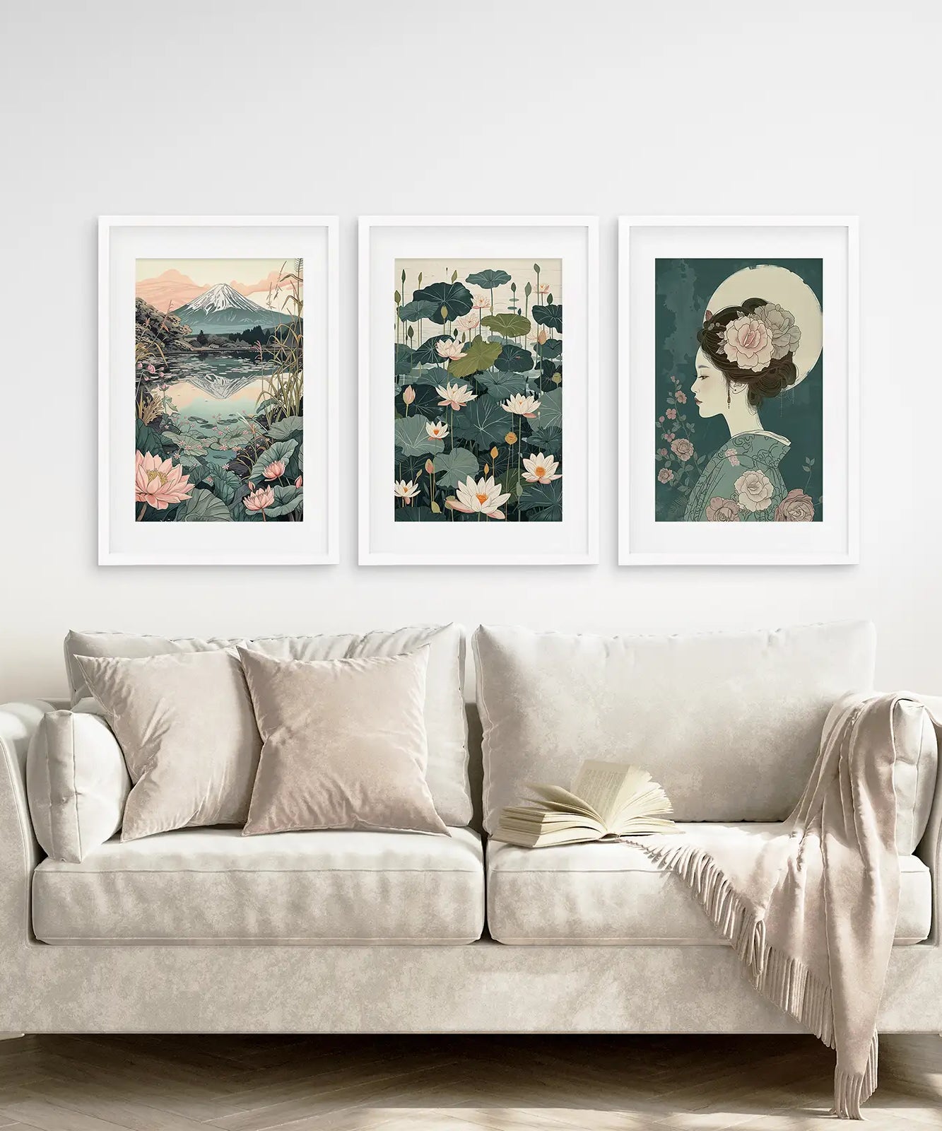 Japanische Natur Wandbilder Set. Geisha Poster, Fuji Berg