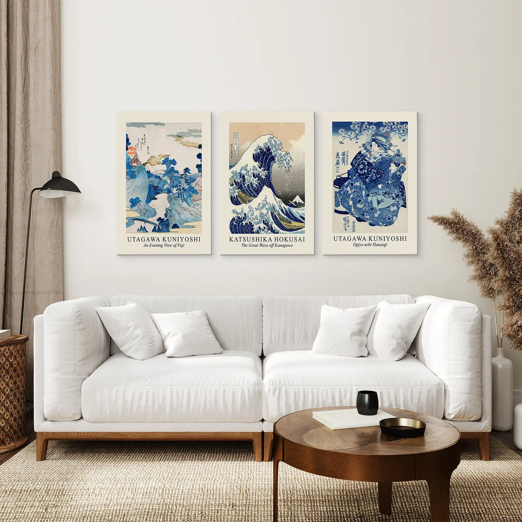 Japanese Woodblock Print Set of 3 | Hokusai Great Wave & Kuniyoshi Art