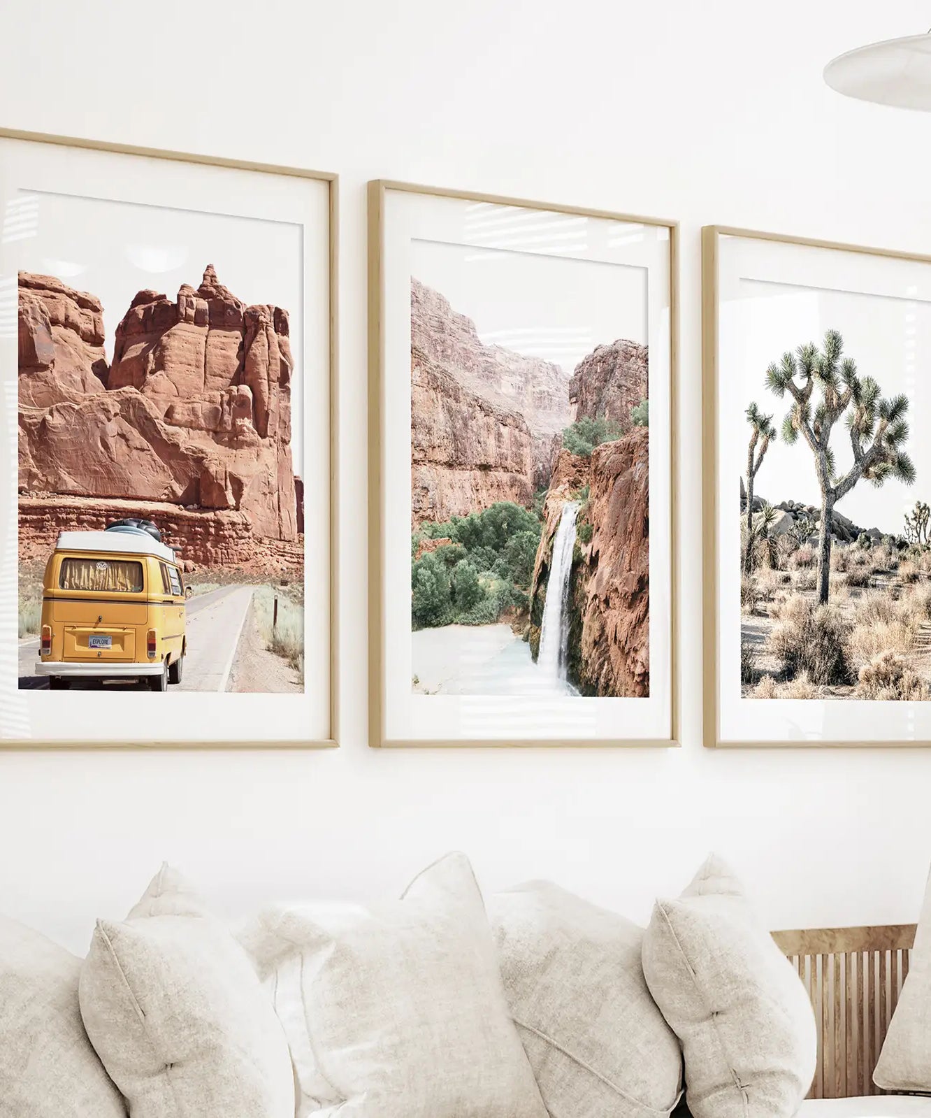 3-teilige Arizona-Reise-Wandkunst. Joshua Tree, Bus, Wasserfall