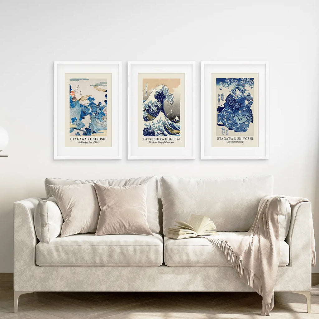 Japanese Woodblock Print Set of 3 | Hokusai Great Wave & Kuniyoshi Art