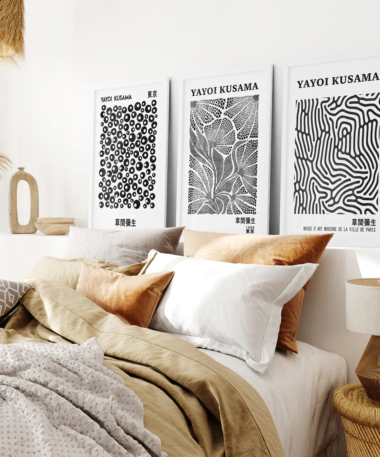 Schwarz-Weißes 3-teiliges abstraktes Kusama-Kunstset