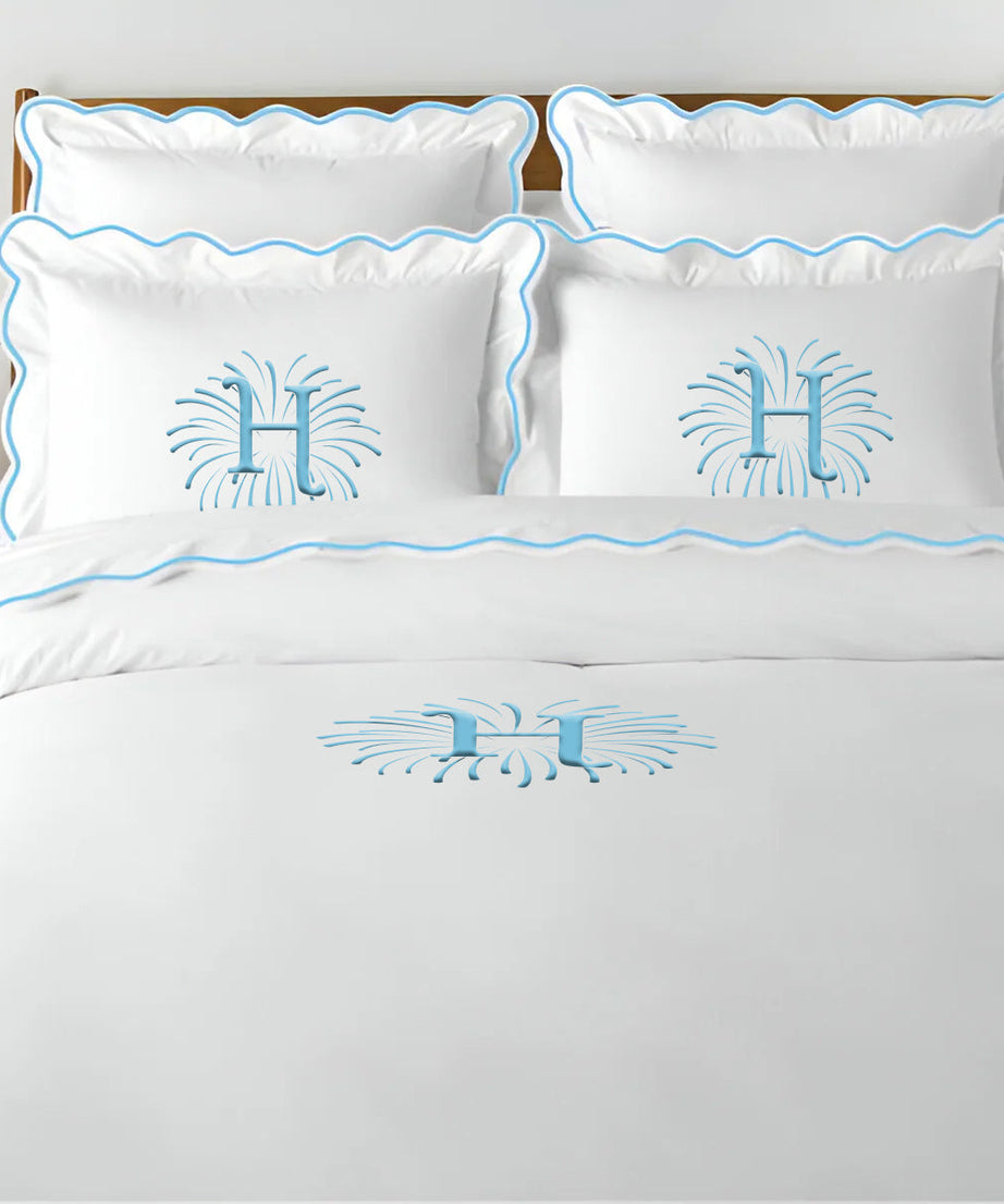Monogram 400TC Cotton Scallop Embroidery Sateen Solid Duvet Cover Set