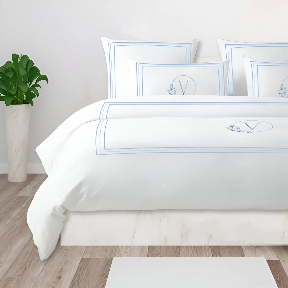 Monogram 400TC Cotton Classic Embroidery Sateen Solid Duvet Cover Set