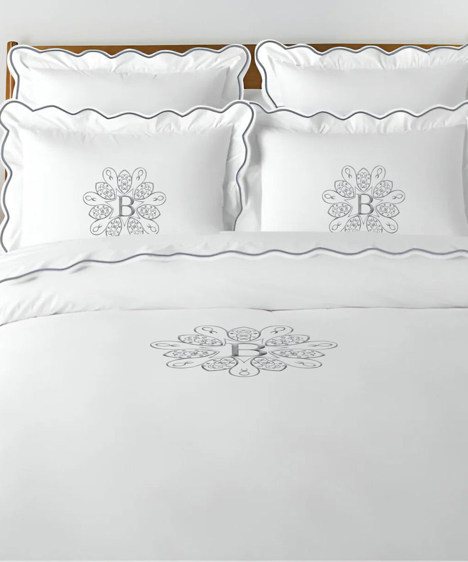 Monogram 400TC Cotton Scallop Embroidery Sateen Solid Duvet Cover Set
