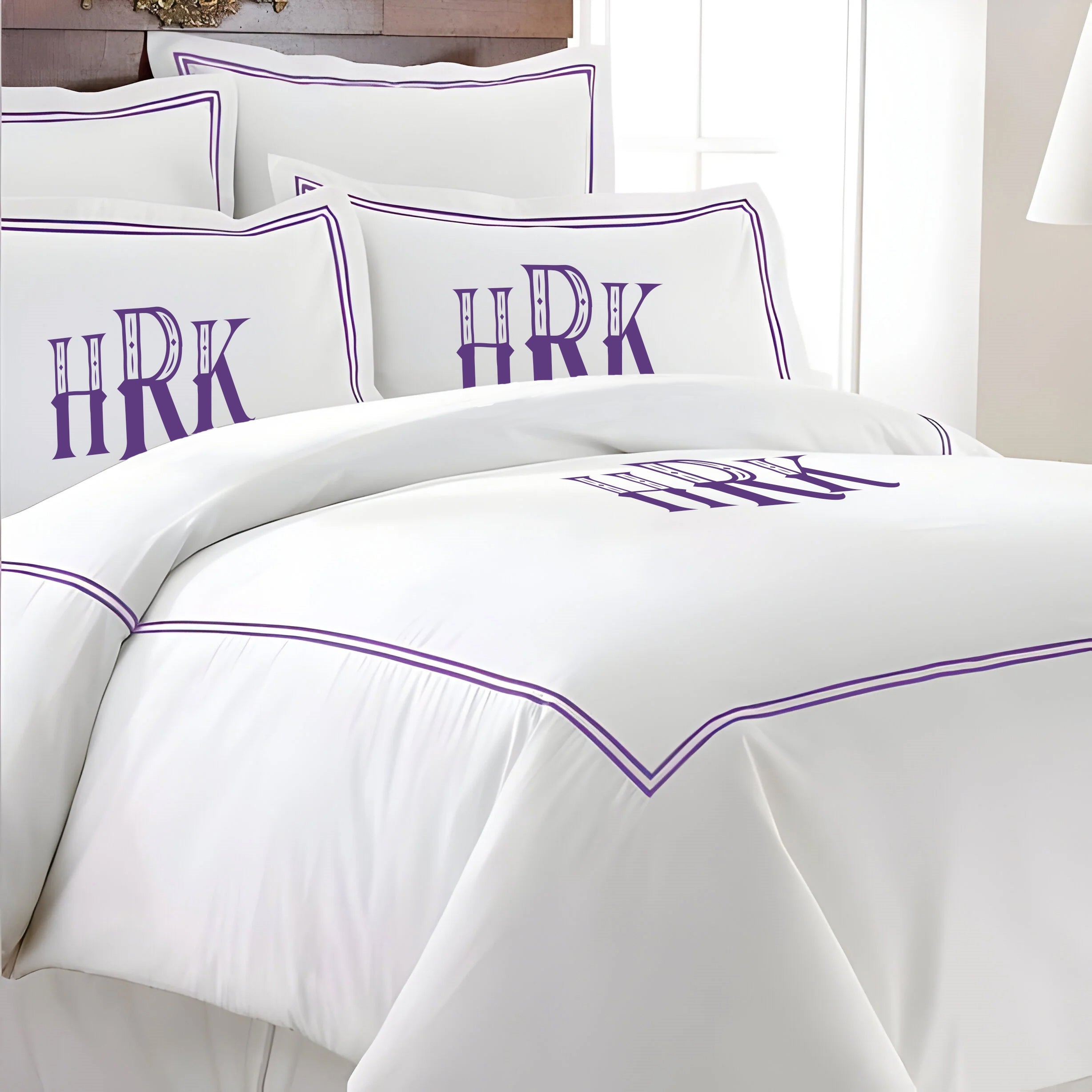 Monogram 400TC Cotton Double Embroidery Sateen Solid Duvet Cover Set