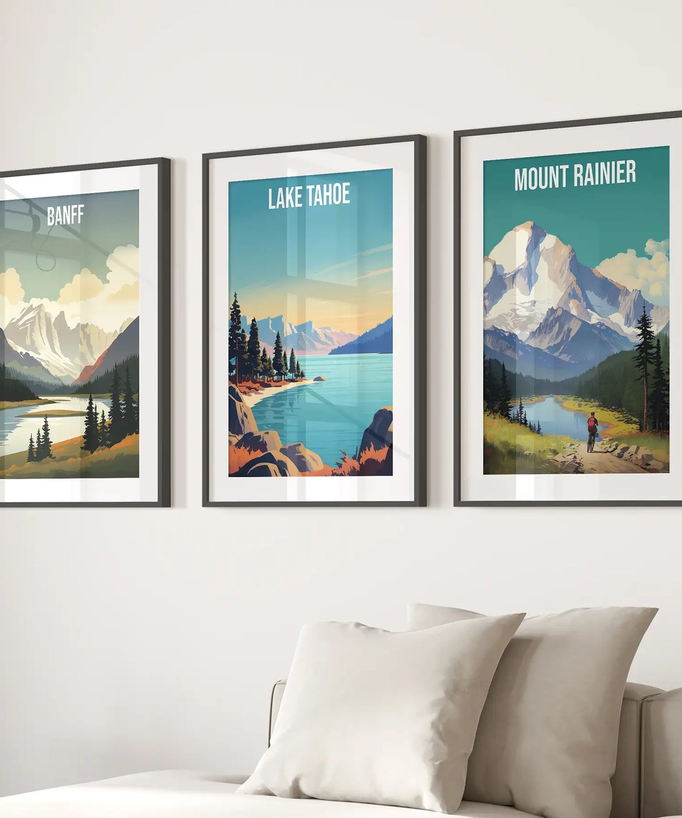 3er-Set Reise-Poster. Banff, Lake Tahoe, Mount Rainier