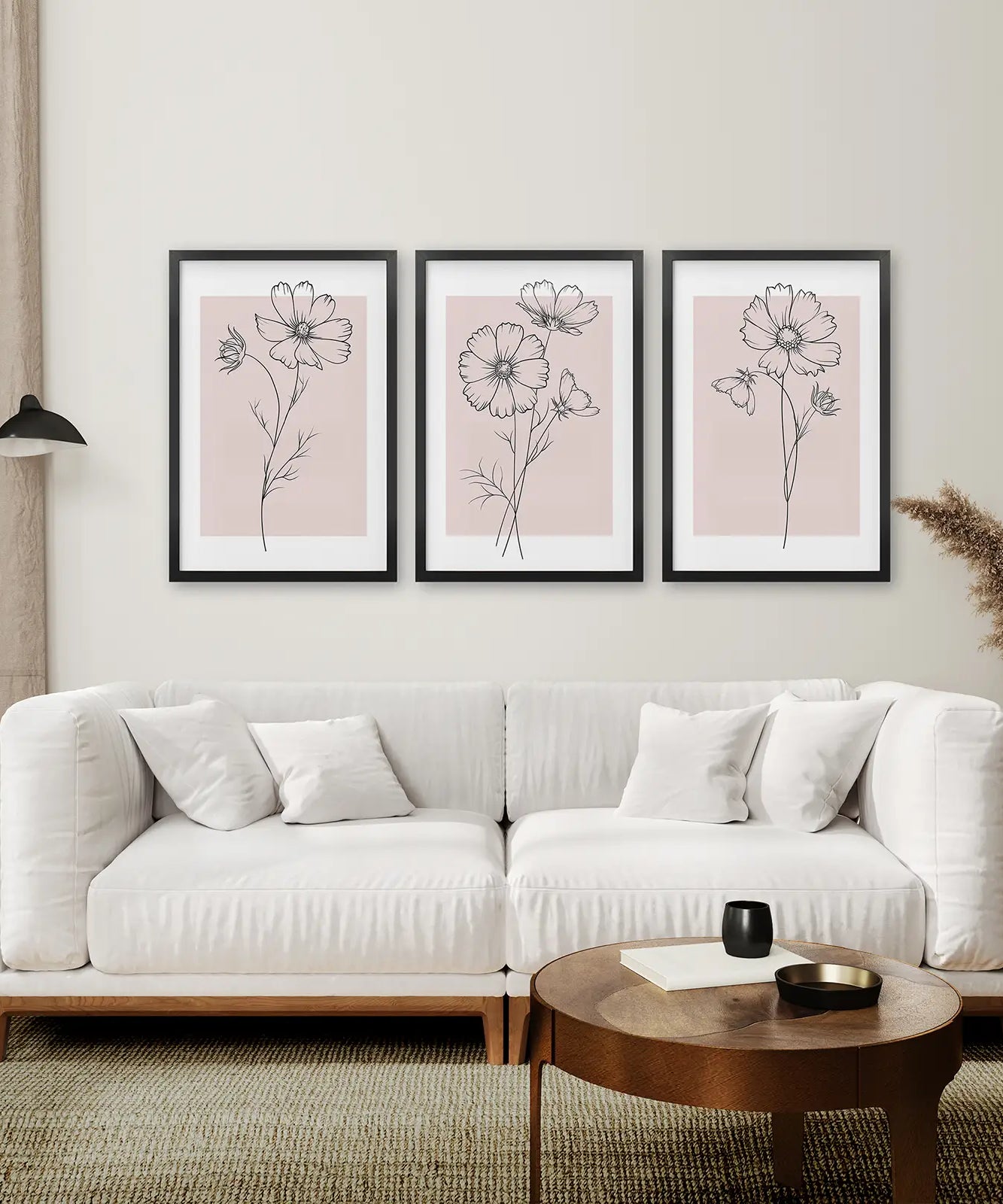 Rosa Wandkunst Set mit 3 botanischen modernen Dekorationen