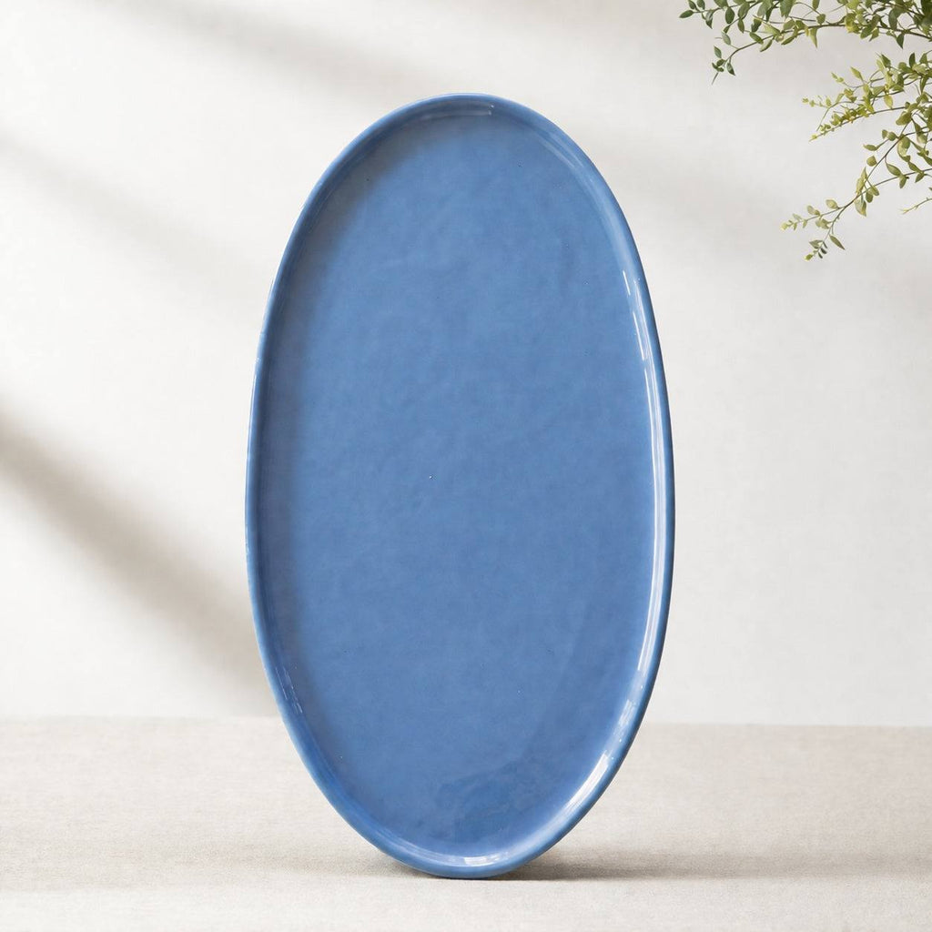 Handmade Oval Serving Platter. Forget-me-not Blue Porcelain