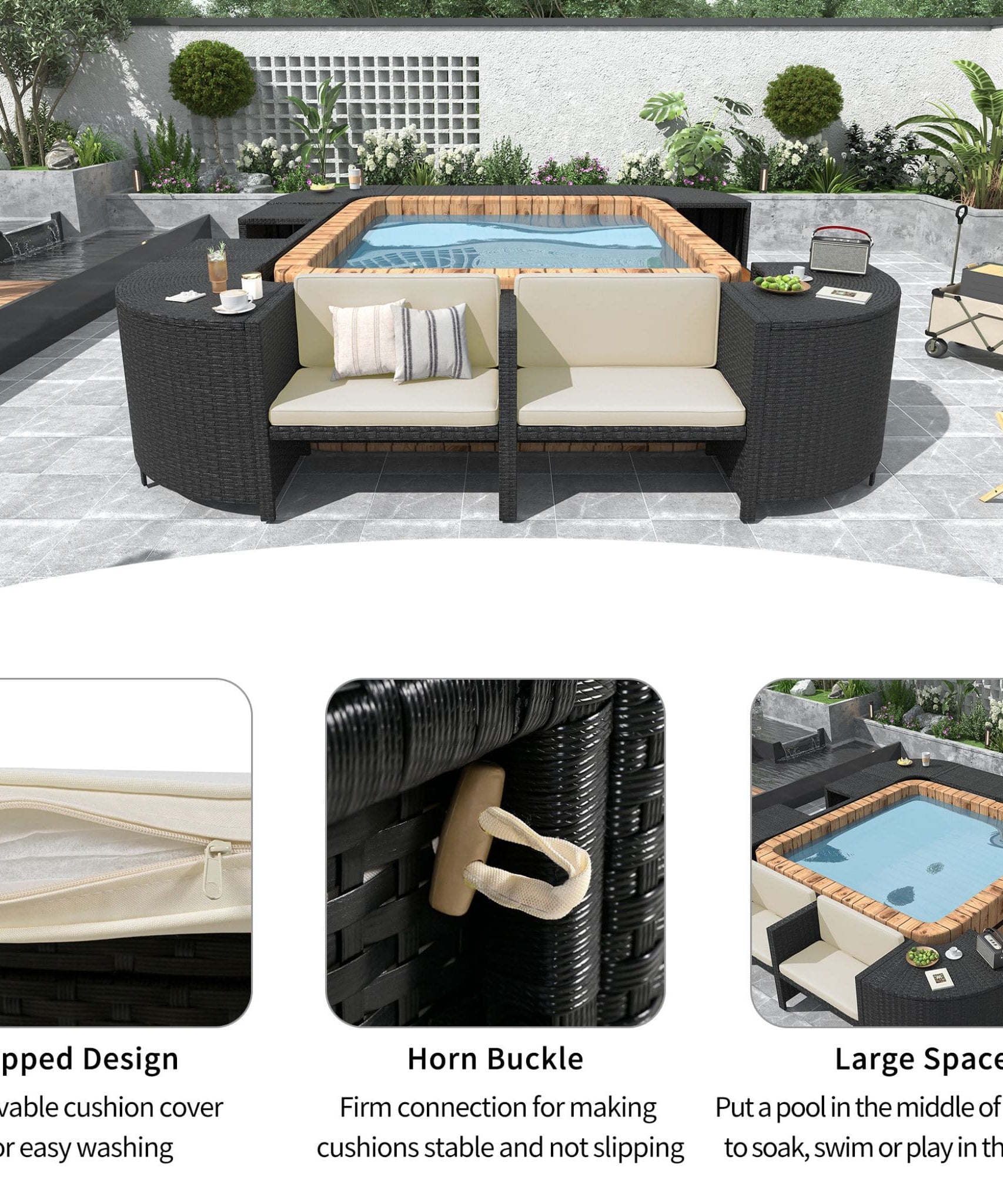 Alora Large Outdoor Quadrilateral Spa Surround Rattan Sectional Sofa Set With Storage Compartments (SAK80217)