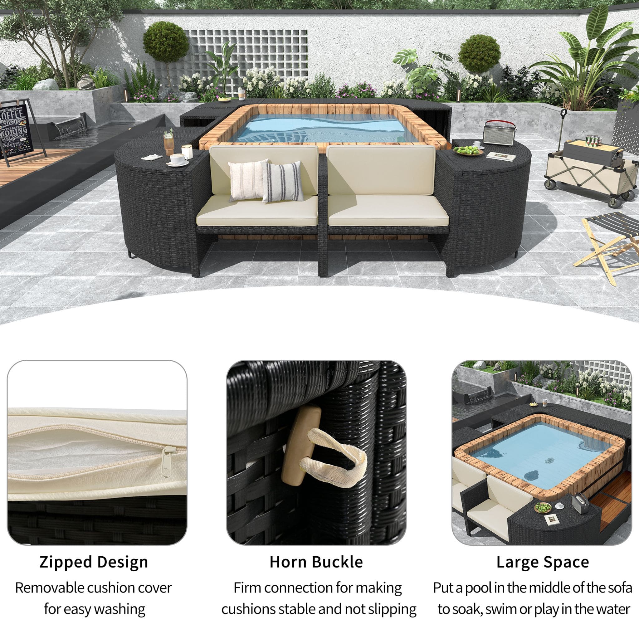 Alora Large Outdoor Quadrilateral Spa Surround Rattan Sectional Sofa Set With Storage Compartments (SAK80217)