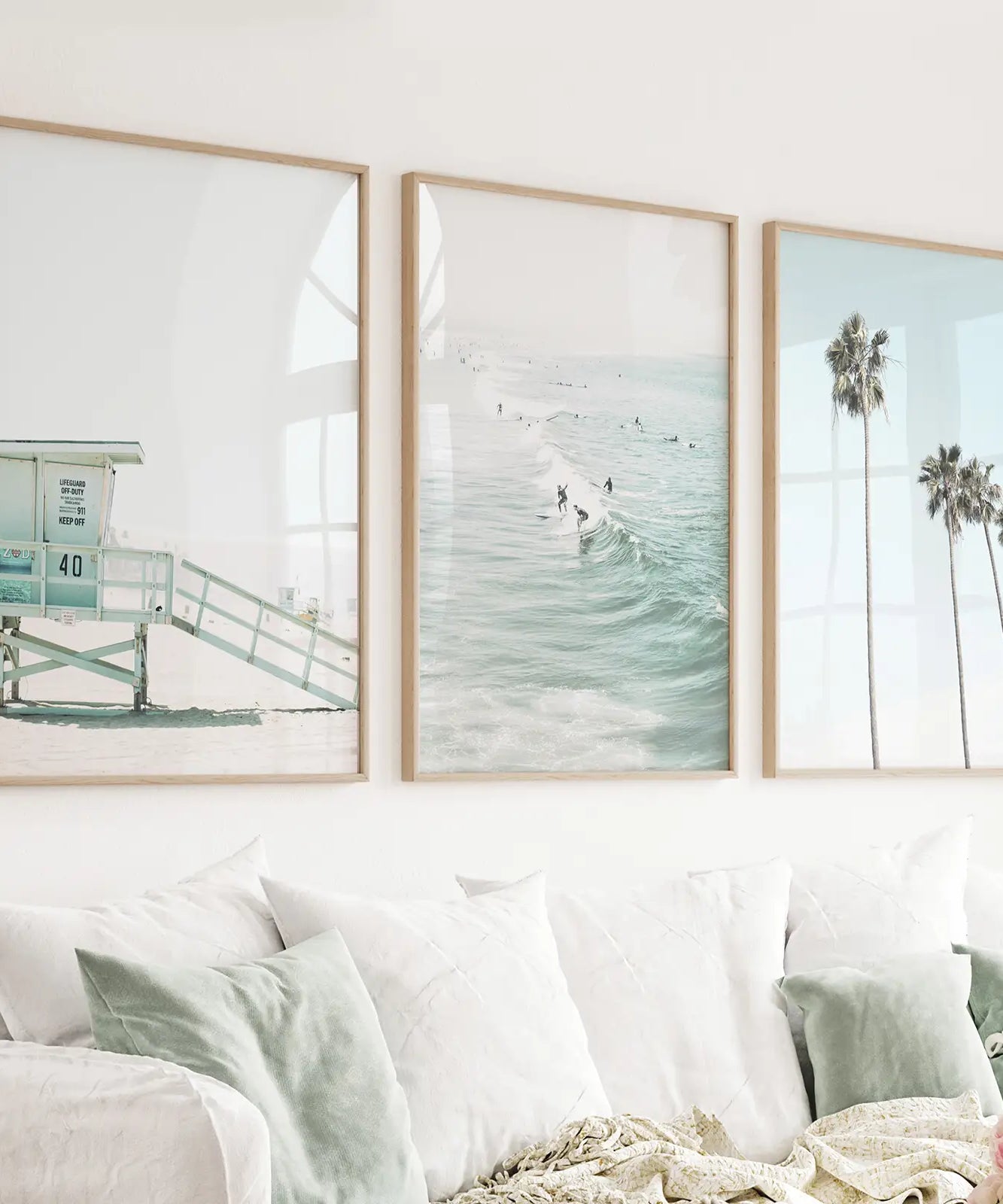 California Coastal Set of 3 Prints. Lifeguard, Surfers, Palms