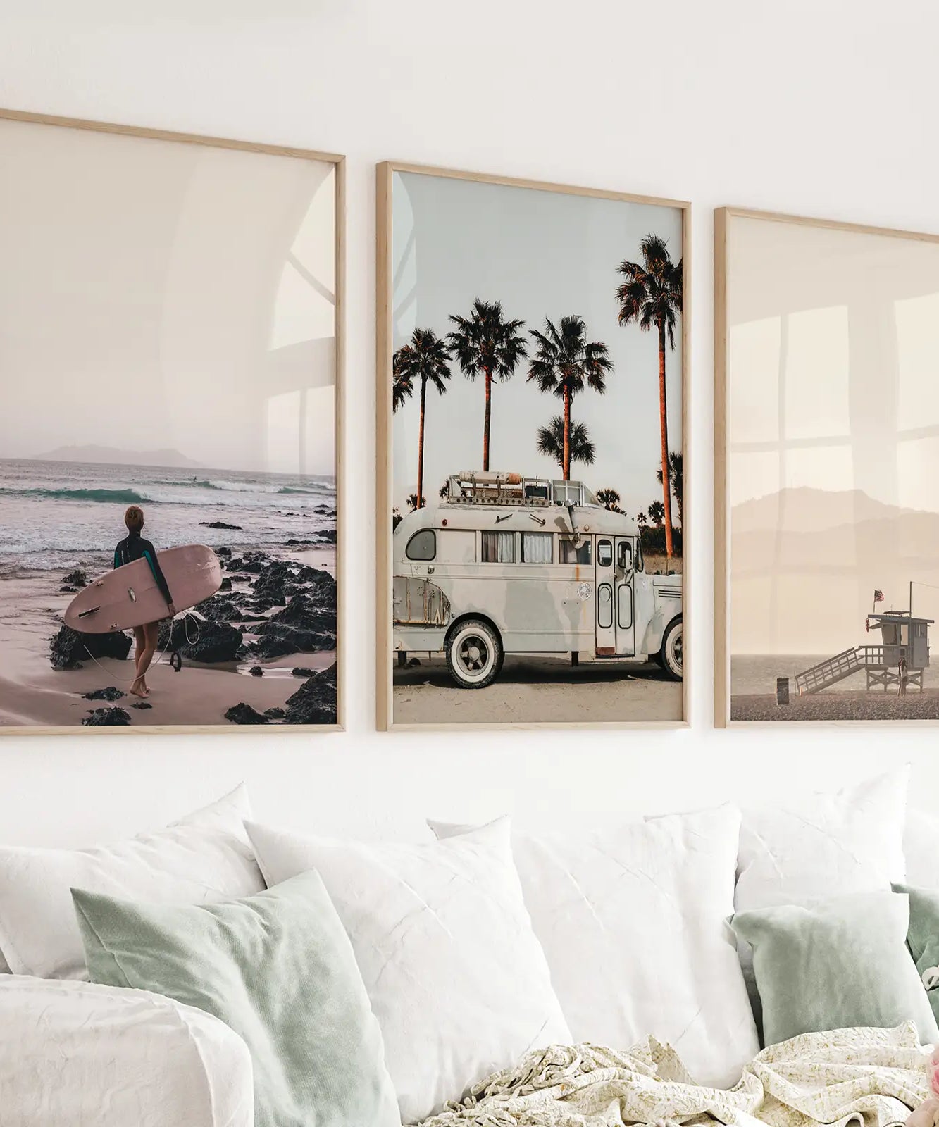 Beige Surfing Wall Art Set. Surfer, Ocean, Bus, Lifeguard