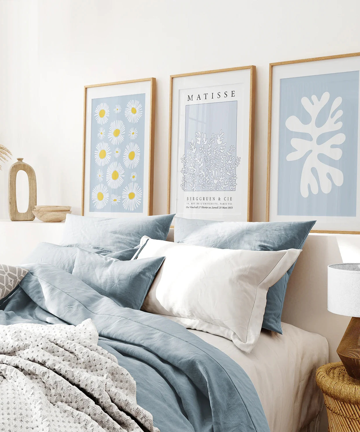 Abstrakter Matisse-Kunstdruck, 3er-Set. Blaue florale Wandkunst
