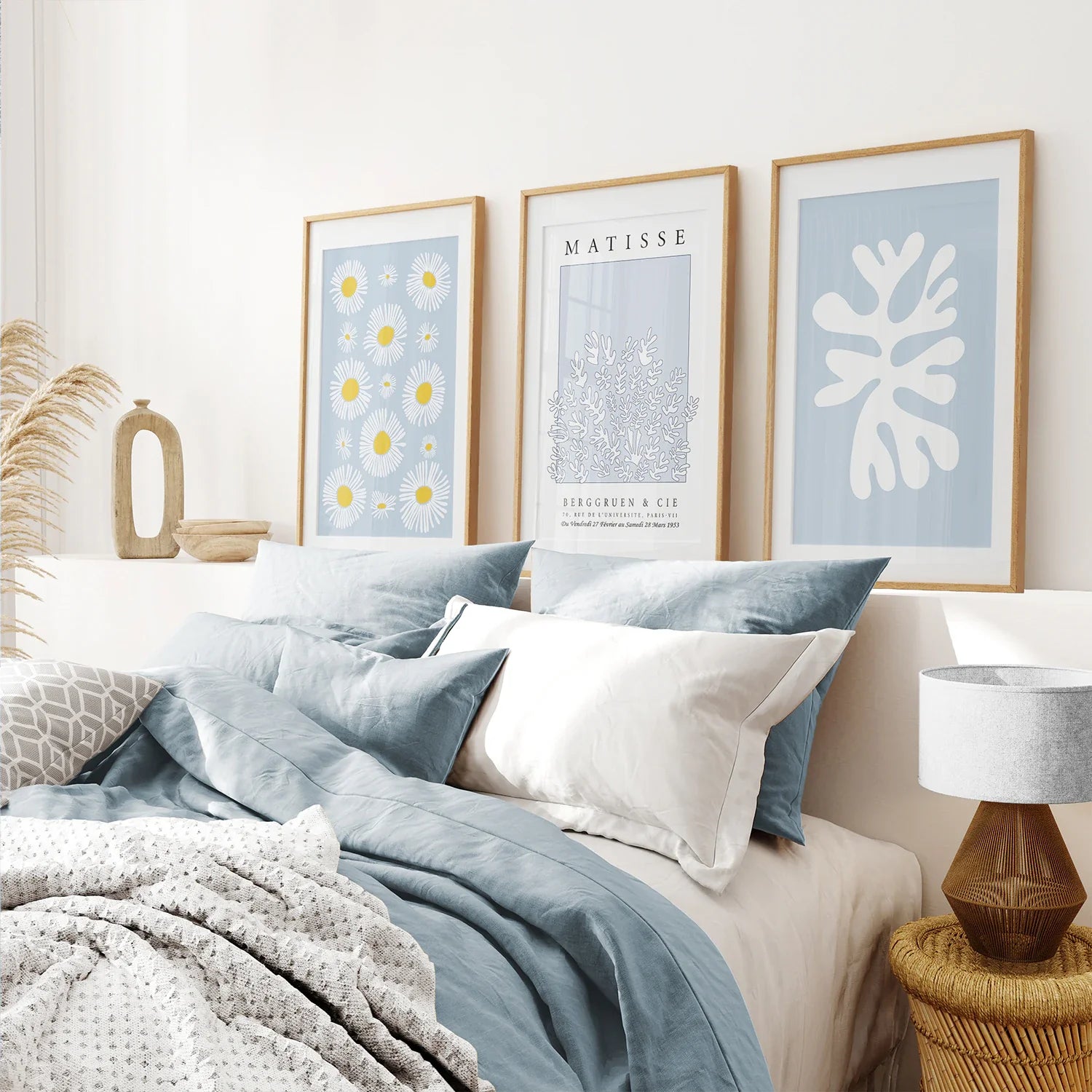 Abstrakter Matisse-Kunstdruck, 3er-Set. Blaue florale Wandkunst