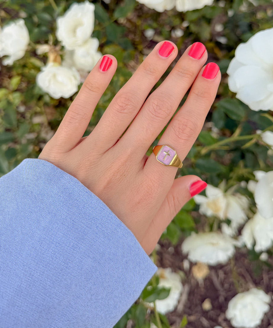 Lilac Enamel Cross Ring