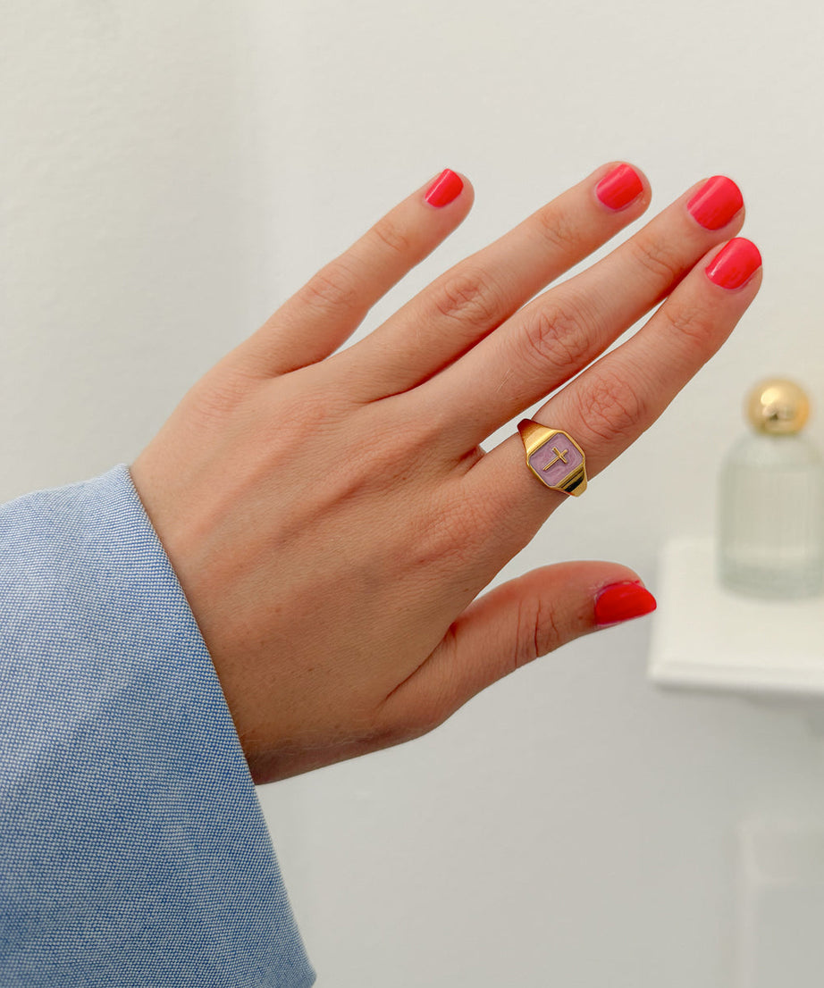 Lilac Enamel Cross Ring