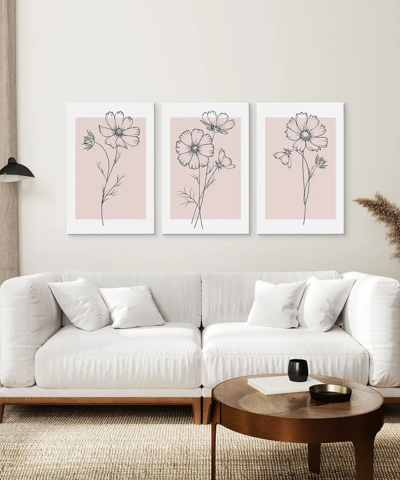 Rosa Wandkunst Set mit 3 botanischen modernen Dekorationen
