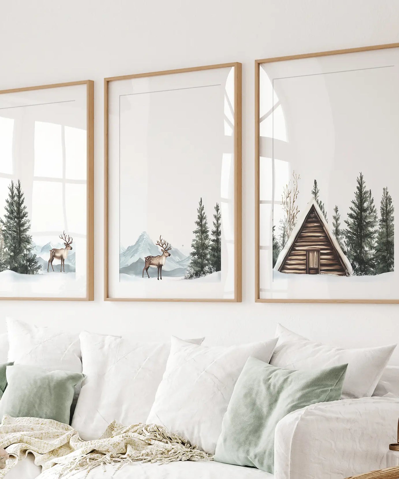 Rustic Cabin, Snowy Forest Prints. 3 Piece Winter Wall Art