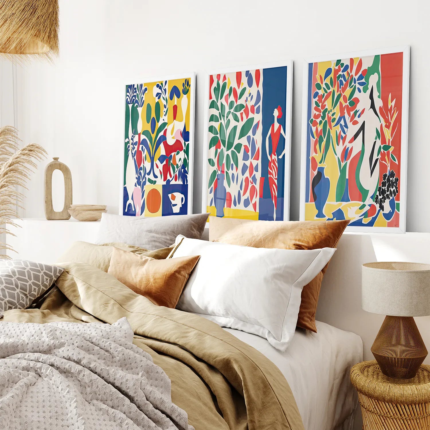 Modernes, farbenfrohes Blumen-Wandkunst-Set im Matisse-Stil