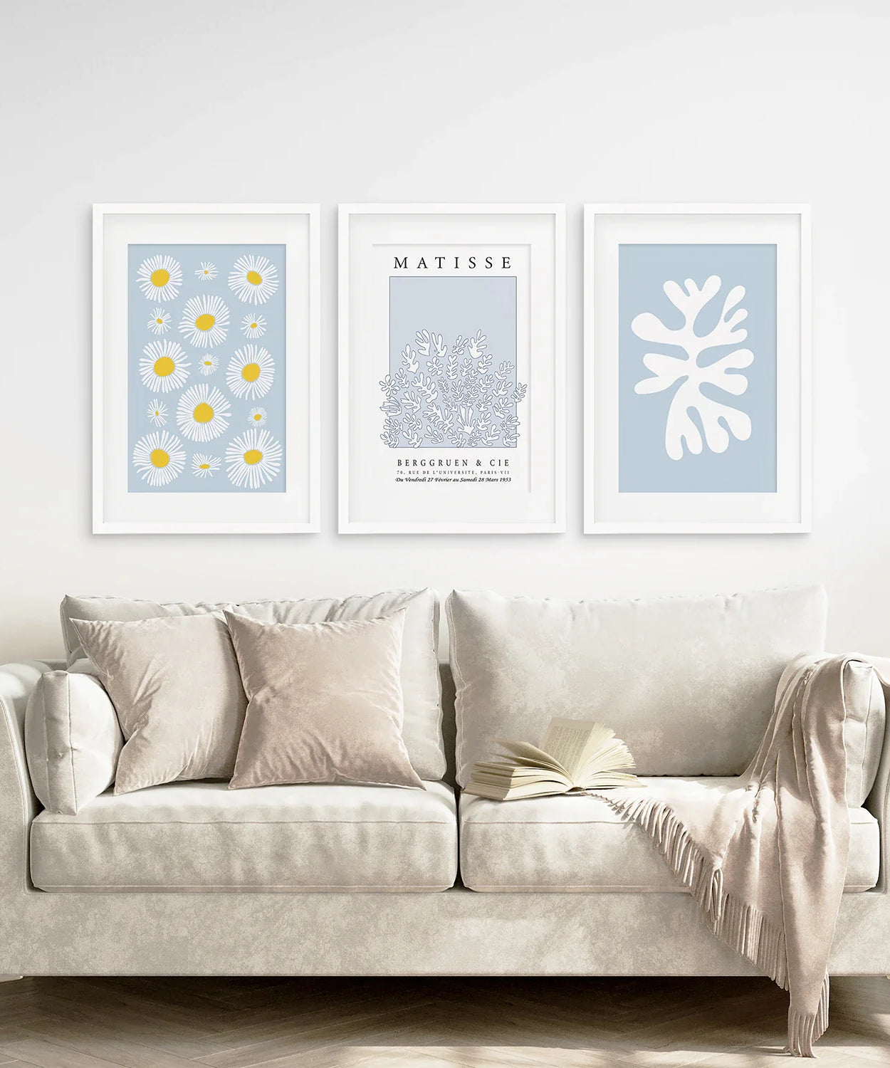 Abstrakter Matisse-Kunstdruck, 3er-Set. Blaue florale Wandkunst