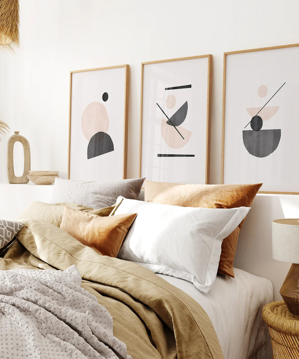 3-teiliges abstraktes Wandbild, Mid-Century-Stil. Beige und Schwarz