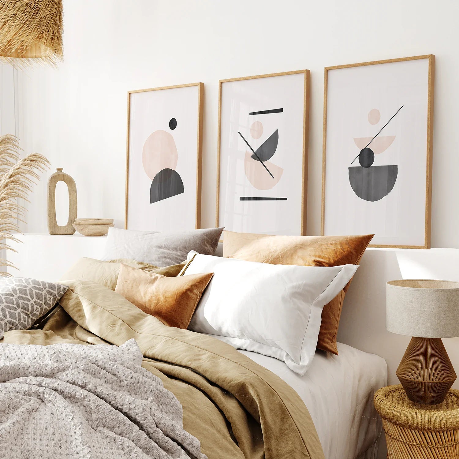 3-teiliges abstraktes Wandbild, Mid-Century-Stil. Beige und Schwarz