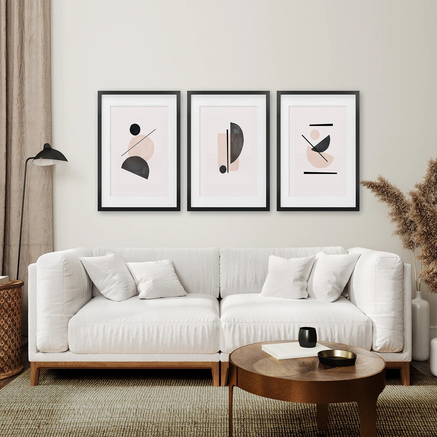 Mid-Century Modern Kunstdruck-Set: Beige & Schwarze Abstrakte Kunst