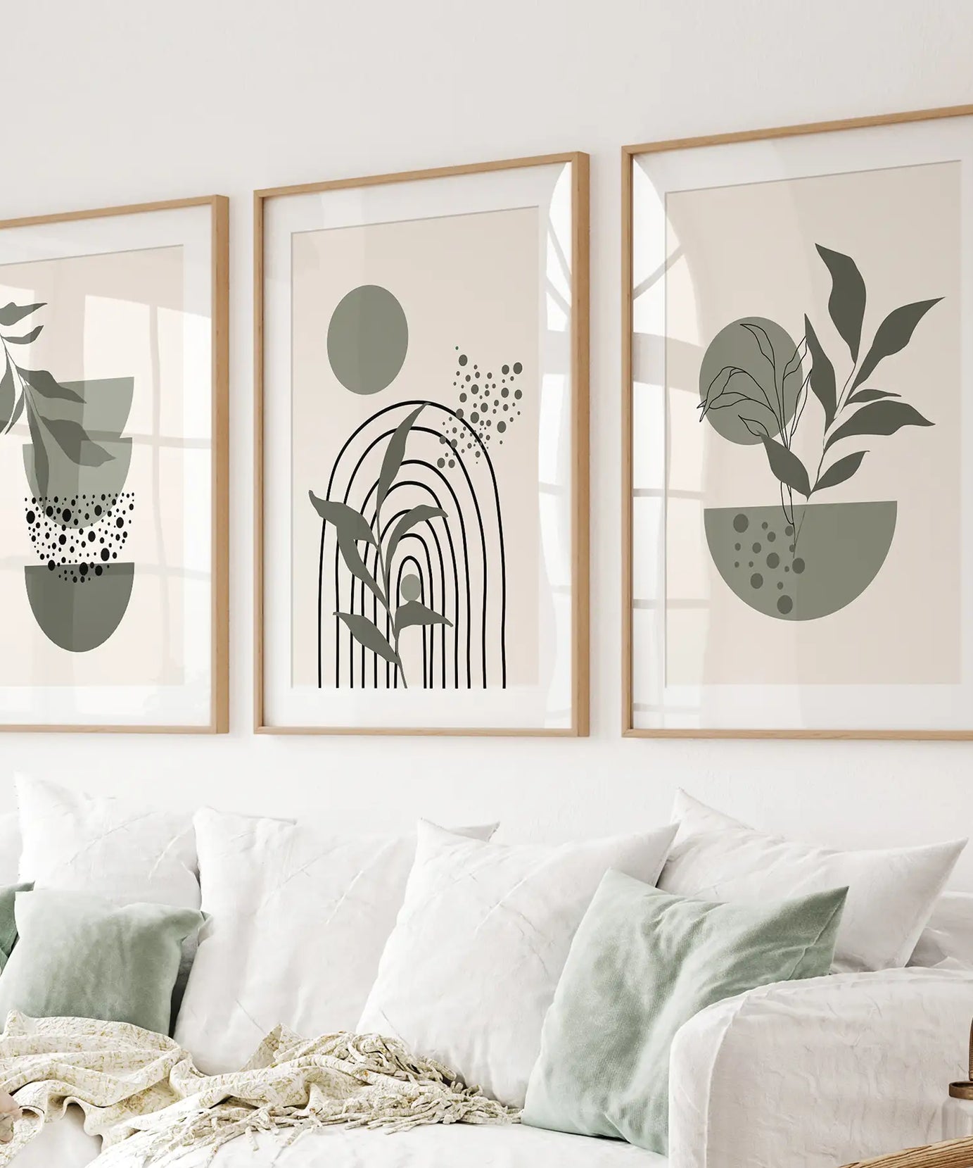 3-teilige Boho-Wandkunstdrucke. Grüne Mid-Century abstrakte Dekoration