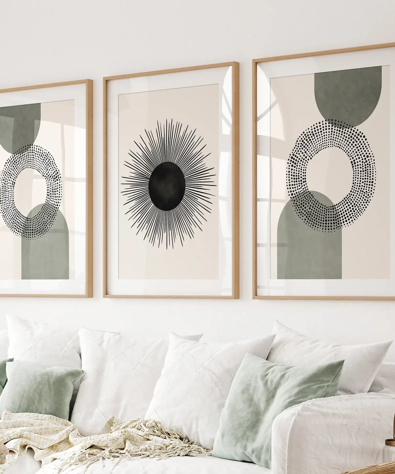 Set of 3 Boho Prints. Sage Green Modern Mid Century Wall Art.