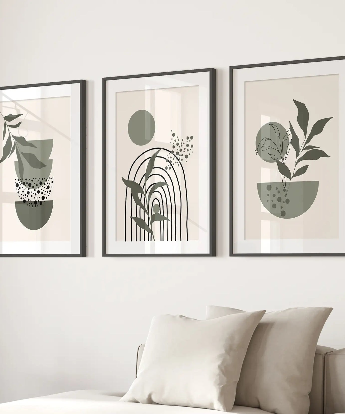 3-teilige Boho-Wandkunstdrucke. Grüne Mid-Century abstrakte Dekoration