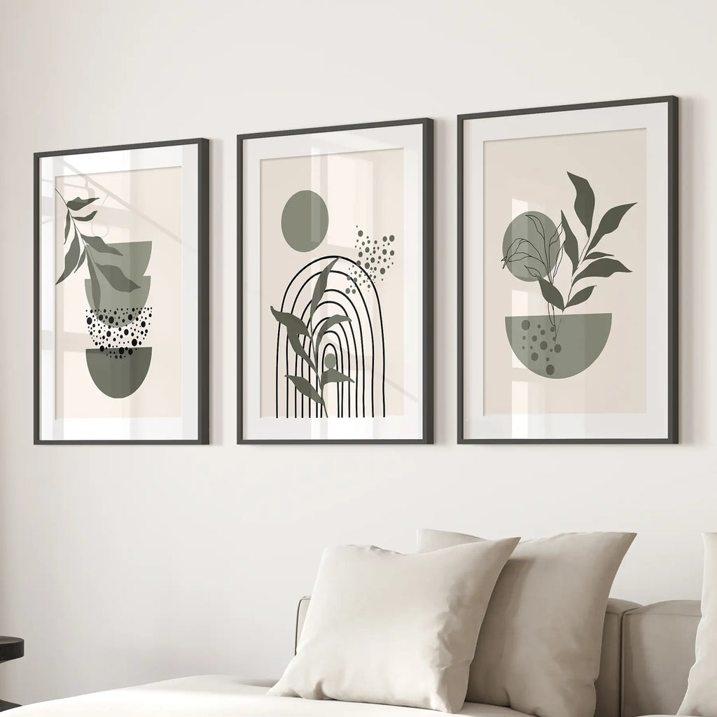 3 Piece Boho Wall Art Prints. Green Mid-Century Abstract Decor