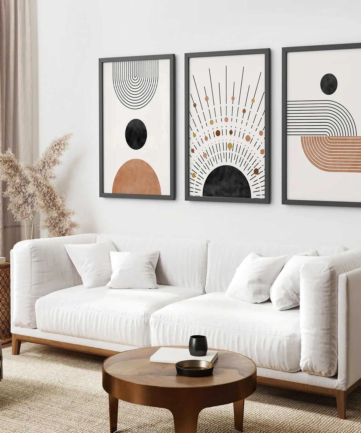 Geometrisches Boho-Wandkunst-Set aus 3 Teilen. Stil der Jahrhundertmitte