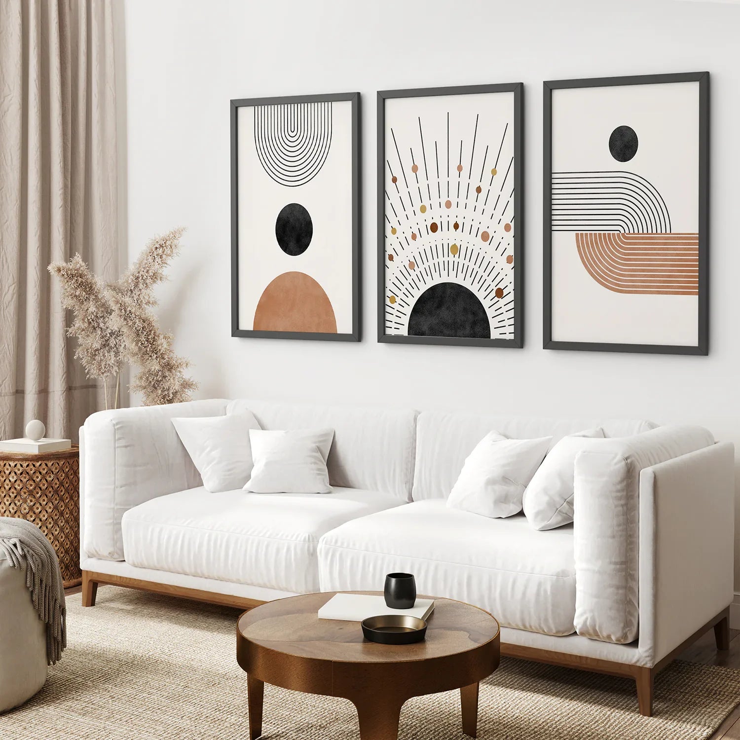 Geometrisches Boho-Wandkunst-Set aus 3 Teilen. Stil der Jahrhundertmitte