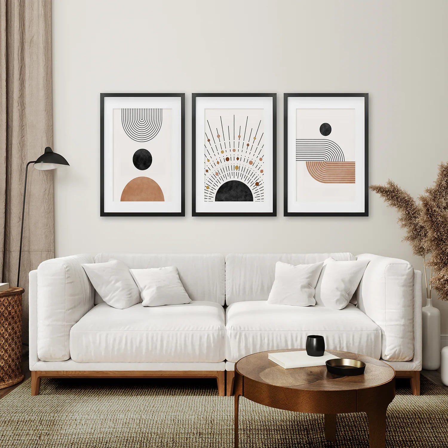 Geometrisches Boho-Wandkunst-Set aus 3 Teilen. Stil der Jahrhundertmitte