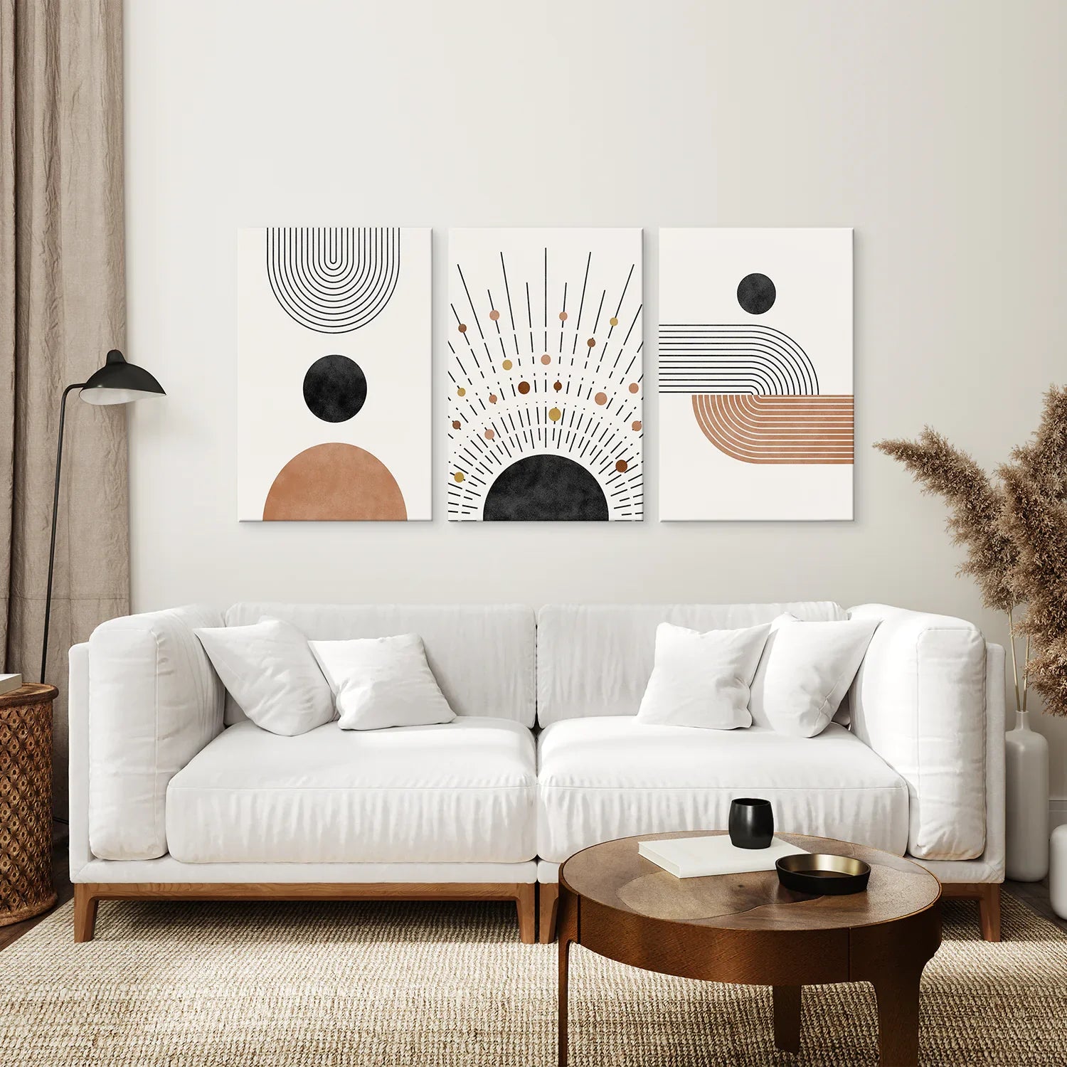 Geometrisches Boho-Wandkunst-Set aus 3 Teilen. Stil der Jahrhundertmitte