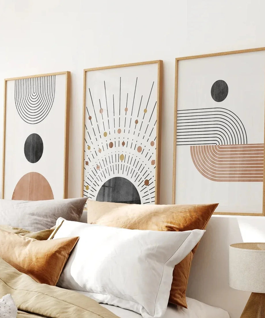 Geometrisches Boho-Wandkunst-Set aus 3 Teilen. Stil der Jahrhundertmitte
