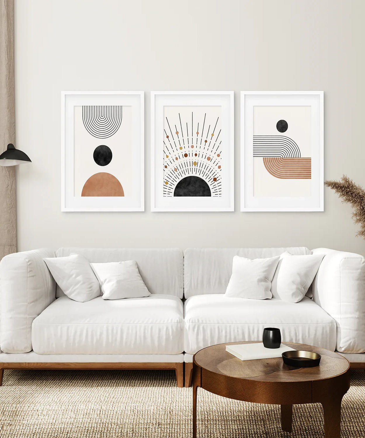 Geometrisches Boho-Wandkunst-Set aus 3 Teilen. Stil der Jahrhundertmitte