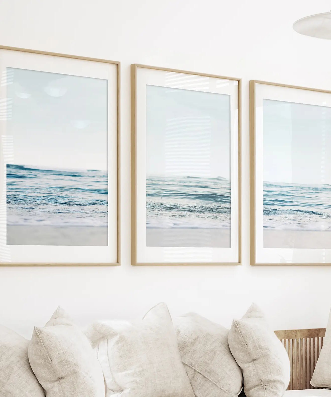 Blue Waves, Sandy Beach. Minimalist 3 Piece Wall Decor