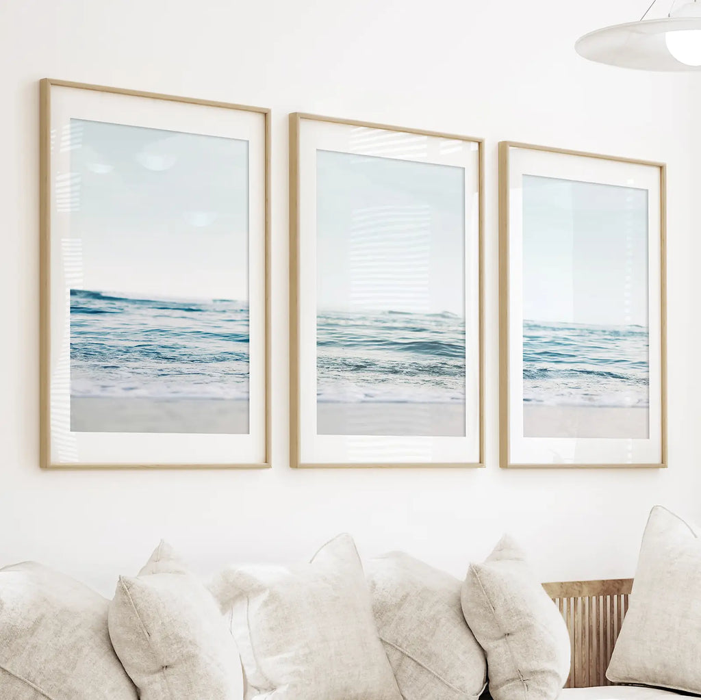 Blue Waves, Sandy Beach. Minimalist 3 Piece Wall Decor