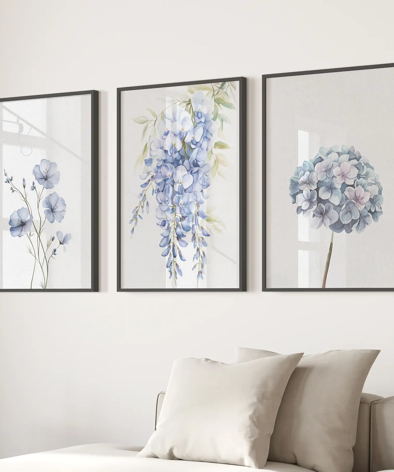 3er Set Blaue minimalistische Aquarell Blumen-Kunstdrucke