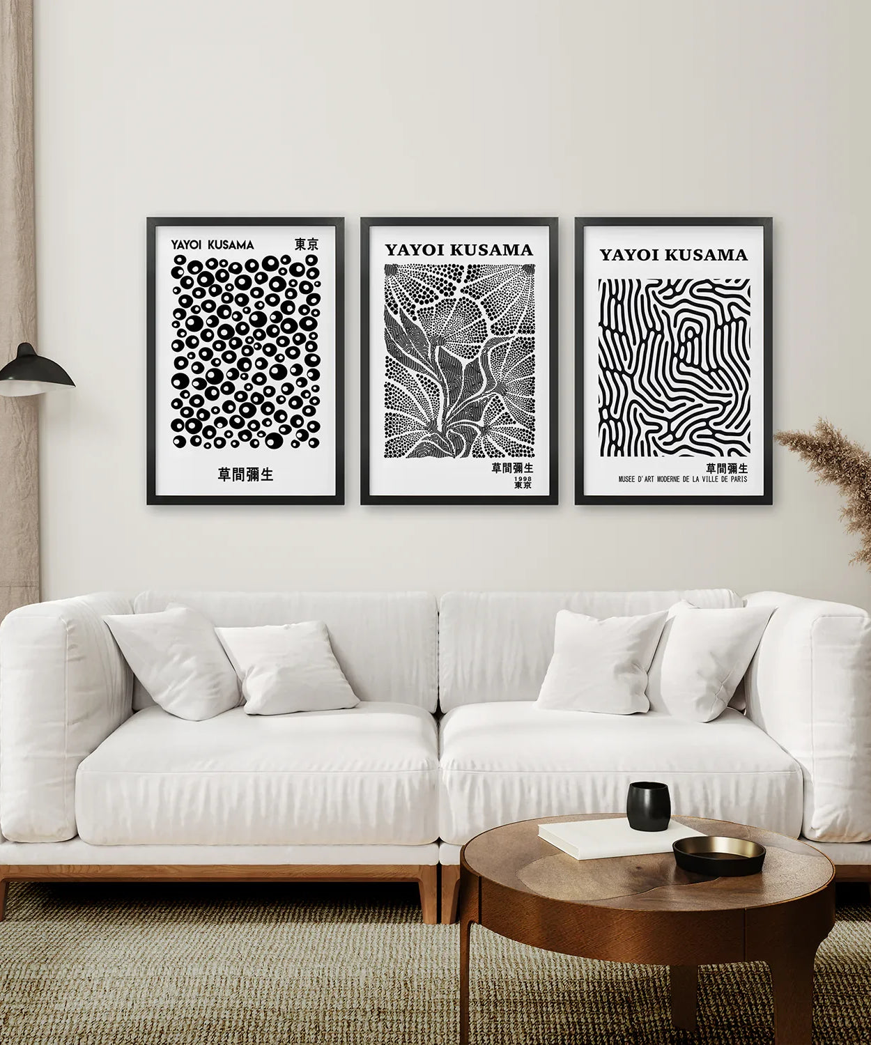 Schwarz-Weißes 3-teiliges abstraktes Kusama-Kunstset
