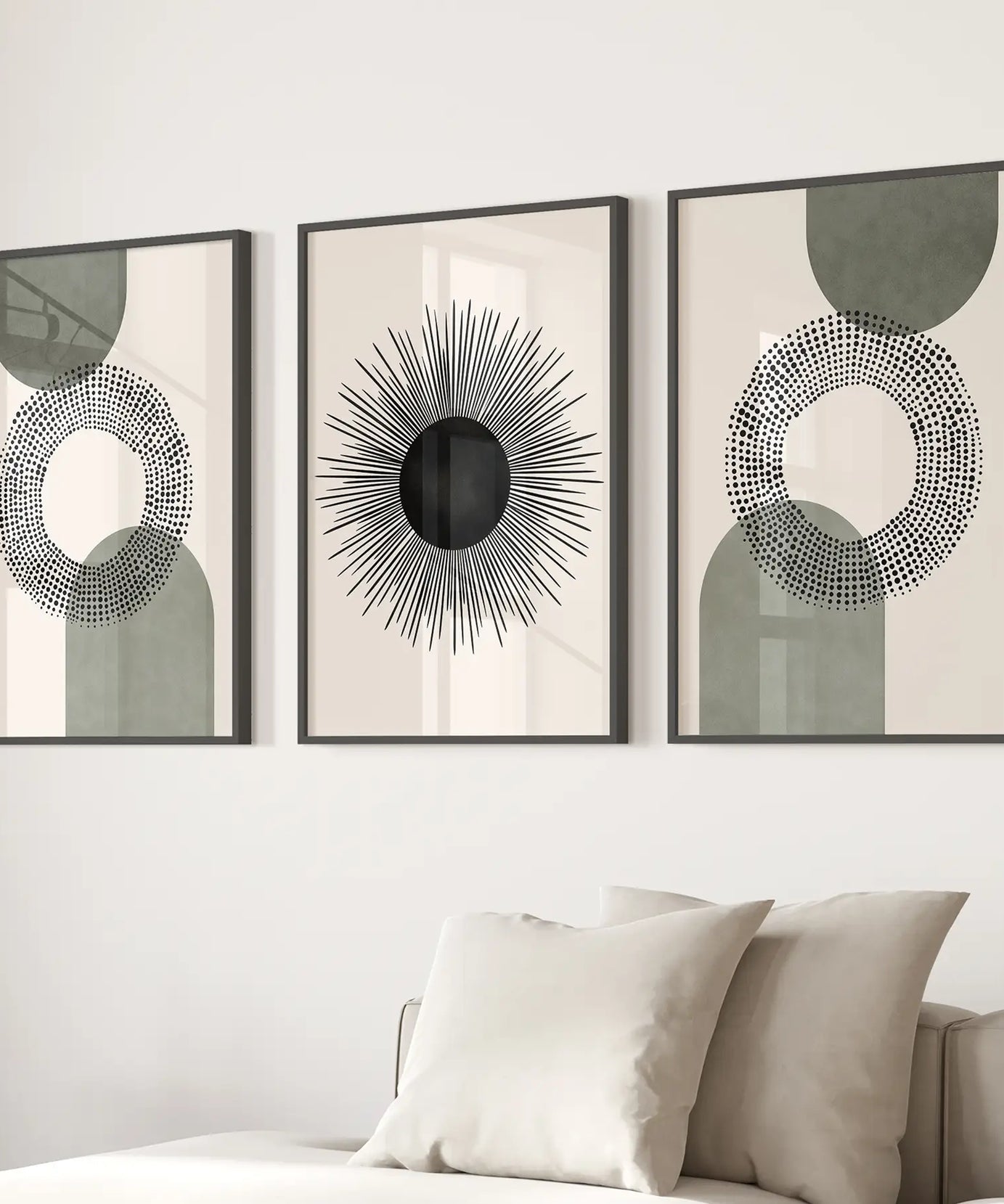 Set of 3 Boho Prints. Sage Green Modern Mid Century Wall Art.