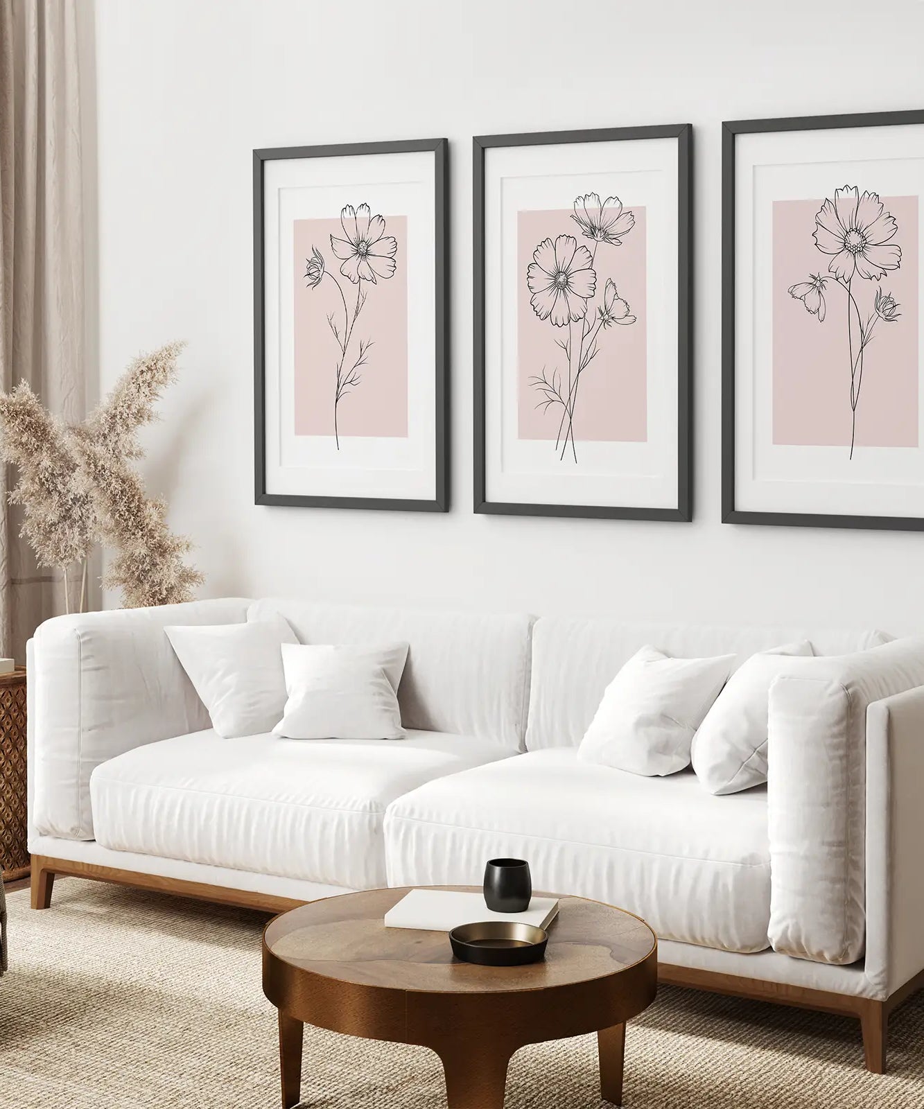 Rosa Wandkunst Set mit 3 botanischen modernen Dekorationen