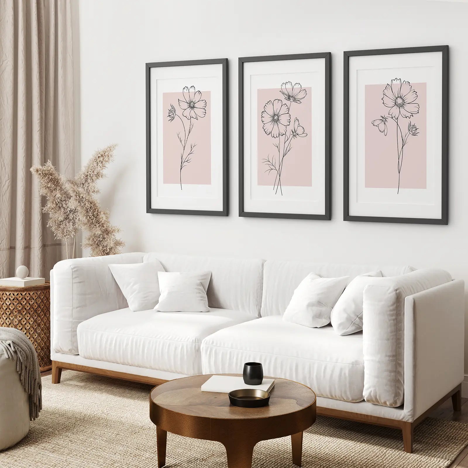 Rosa Wandkunst Set mit 3 botanischen modernen Dekorationen