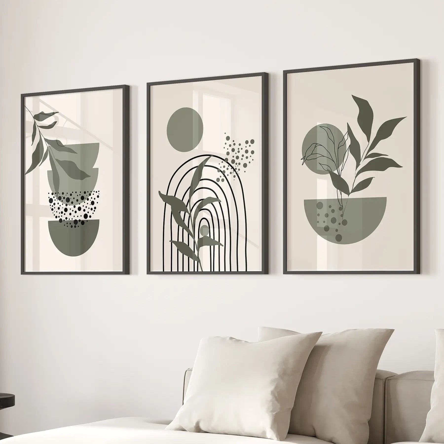 3-teilige Boho-Wandkunstdrucke. Grüne Mid-Century abstrakte Dekoration
