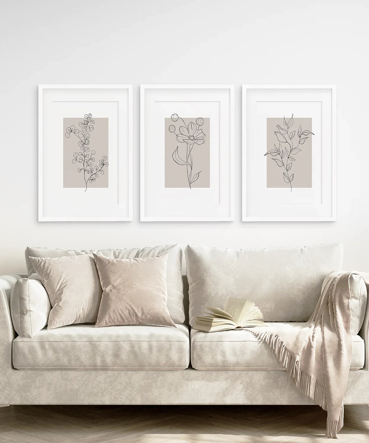 Pastellfarbenes botanisches Wandkunst-Set, 3-teilig. Grau und Beige